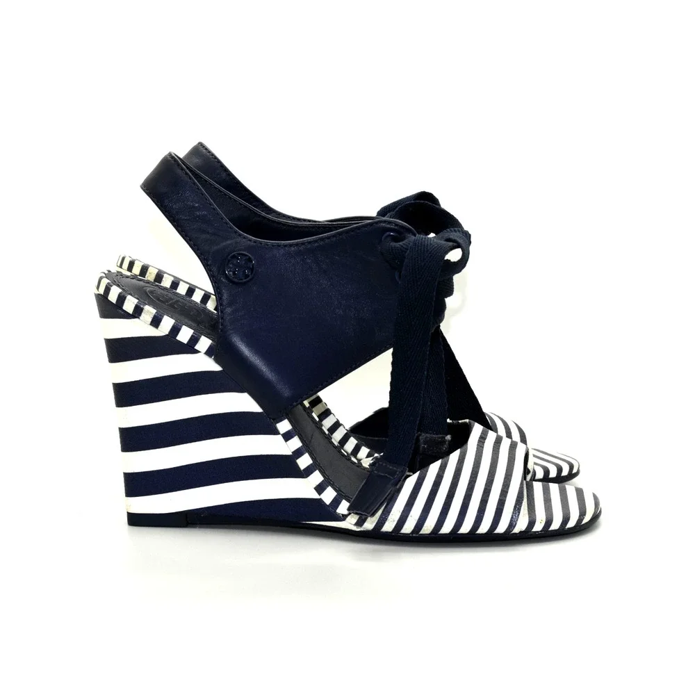 B0 Auth TORY BURCH Navy & White Striped Leather Maritime Wedge Sandals Size 6.5M